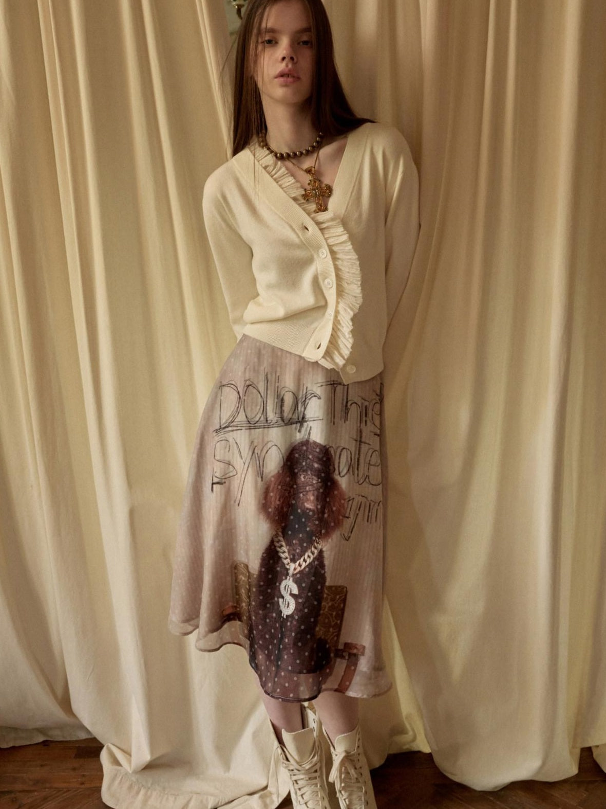 1JINN STUDIO Double Layer Minimal Slim Hline Low Waist Women Casual Dog Print Midi Skirts