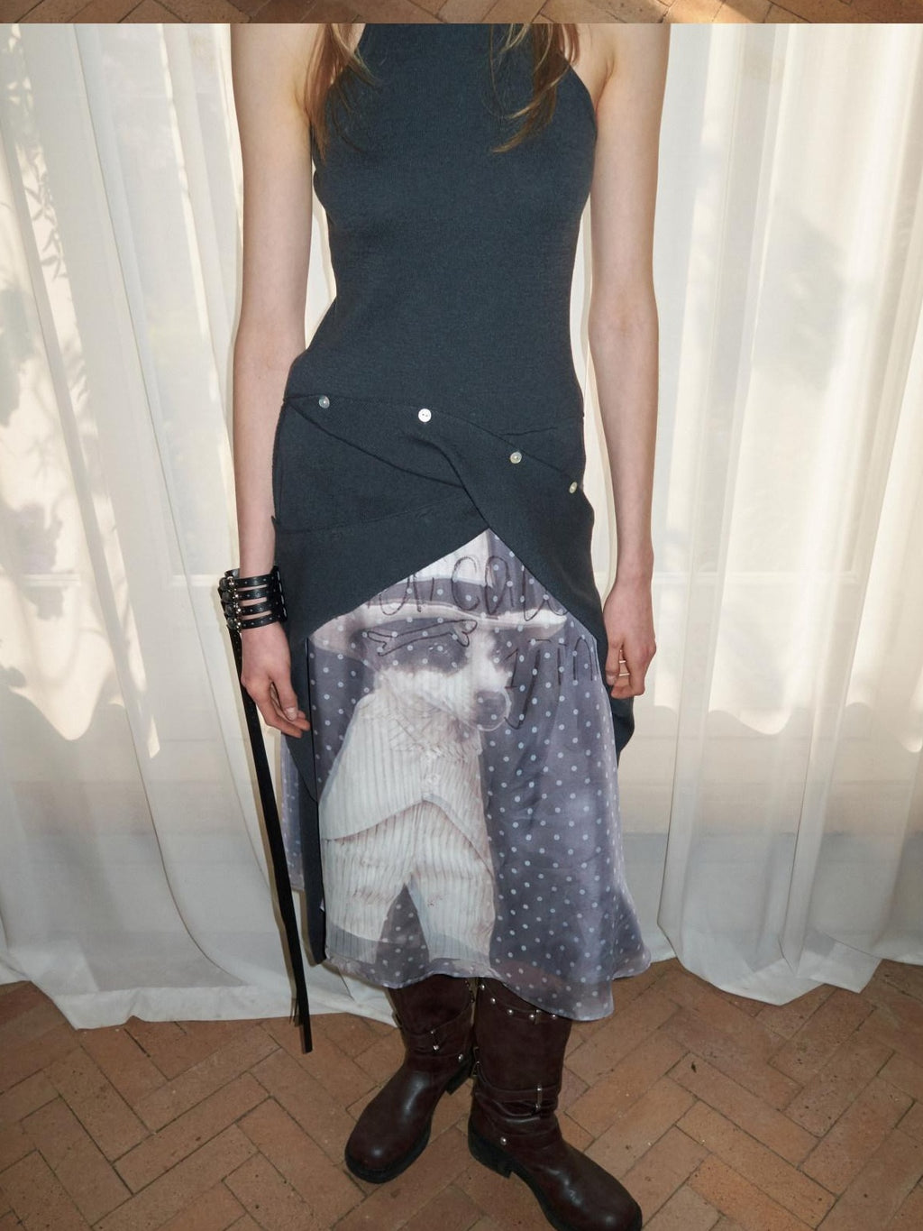 1JINN STUDIO Double Layer Minimal Slim Hline Low Waist Women Casual Dog Print Midi Skirts