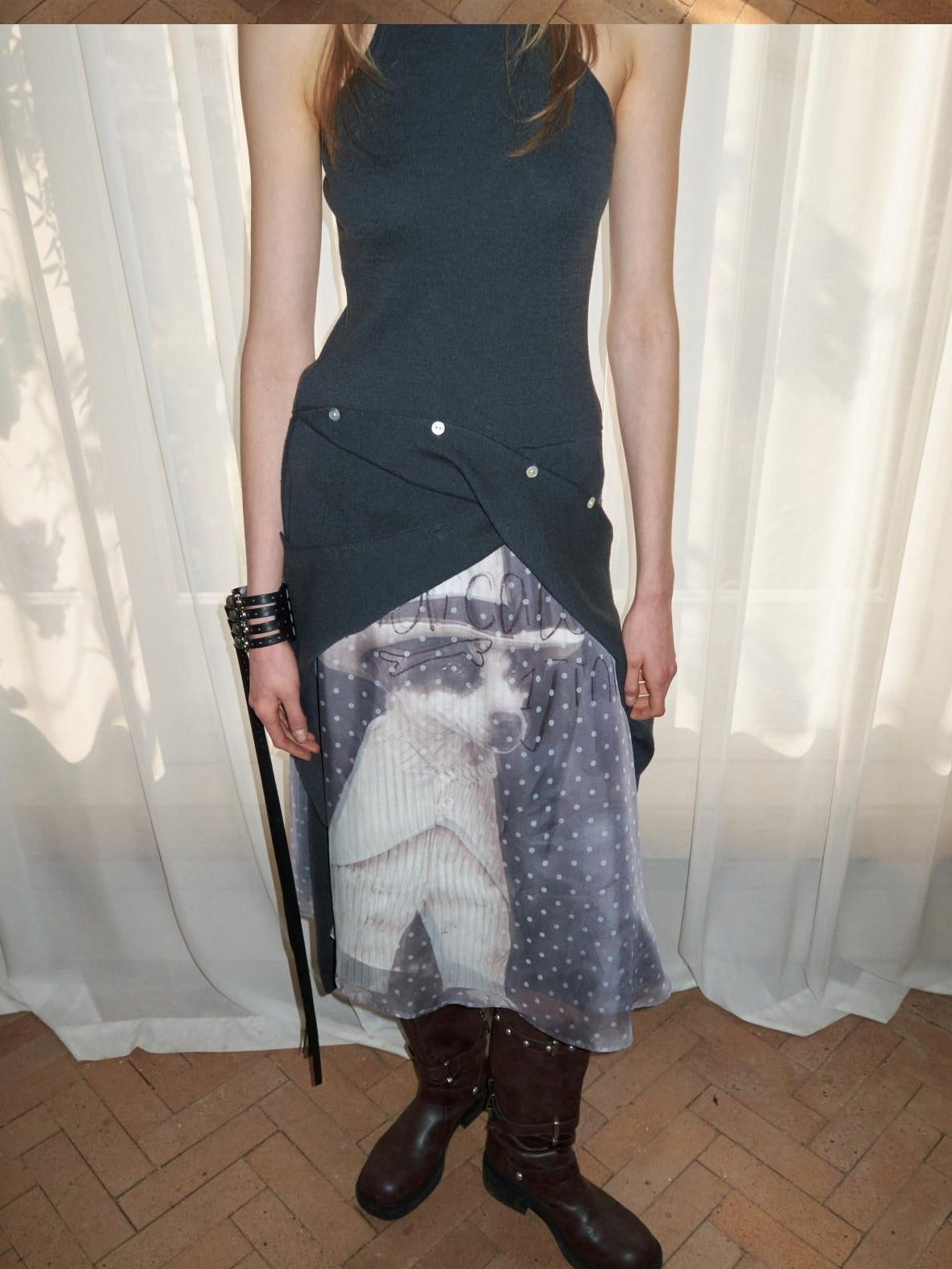 1JINN STUDIO Double Layer Minimal Slim Hline Low Waist Women Casual Dog Print Midi Skirts