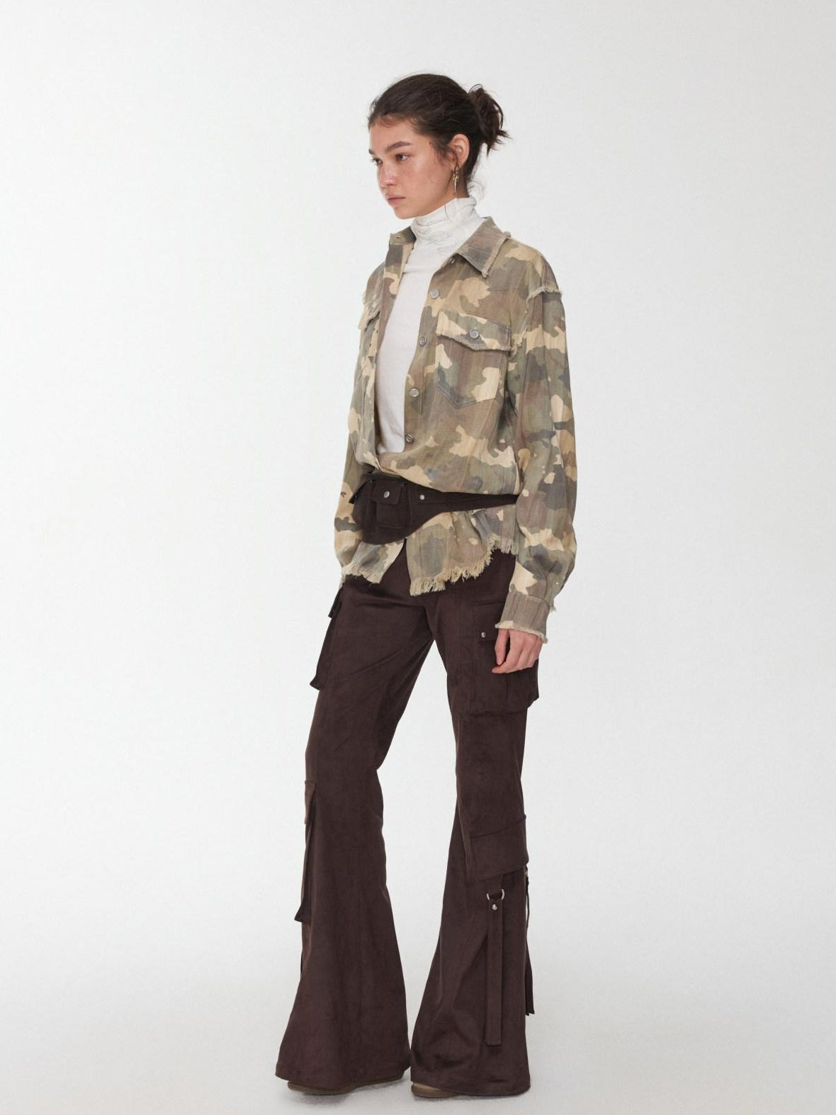Durable Lyocell Vintage Slim Fit Frayed Cropped Camo High Neck Shirts