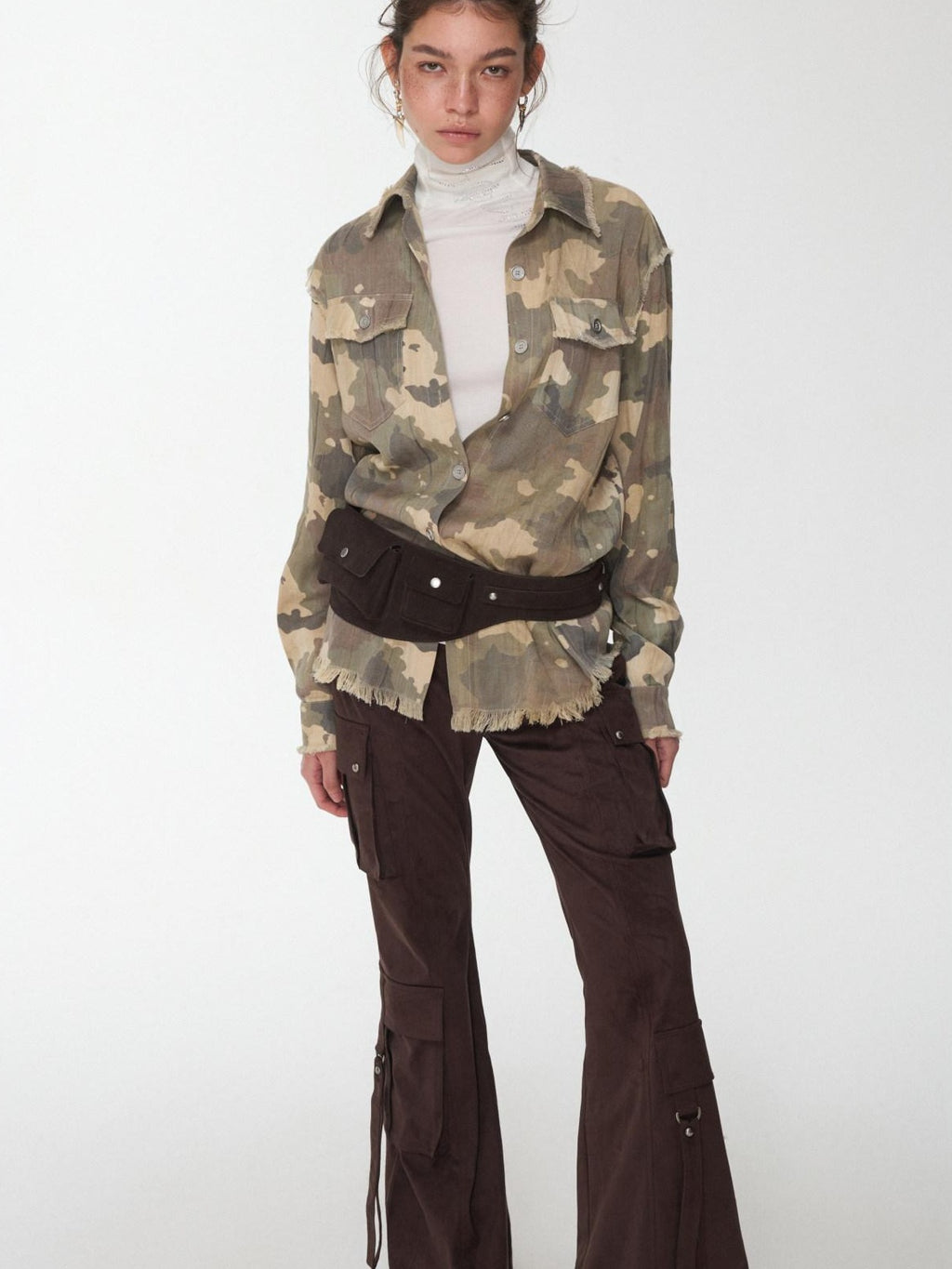 1JINN STUDIO Durable Lyocell Vintage Slim Fit Frayed Cropped Camo High Neck Shirts
