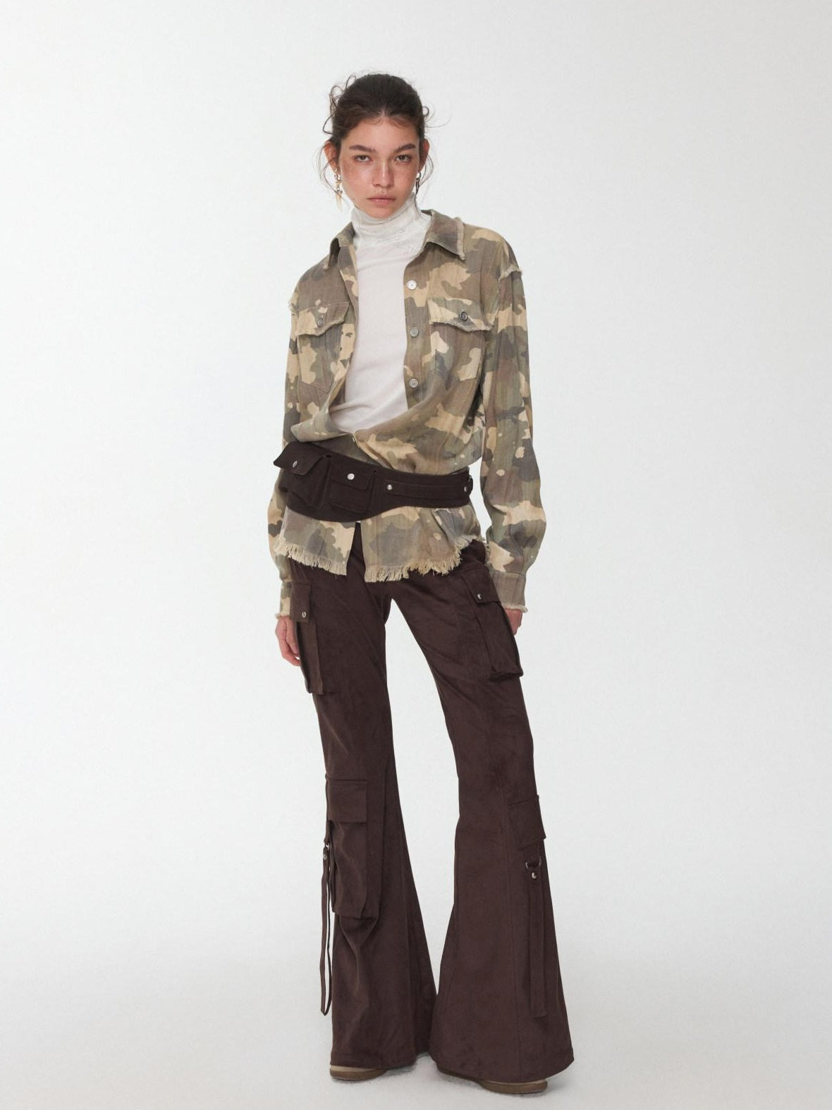 Durable Lyocell Vintage Slim Fit Frayed Cropped Camo High Neck Shirts