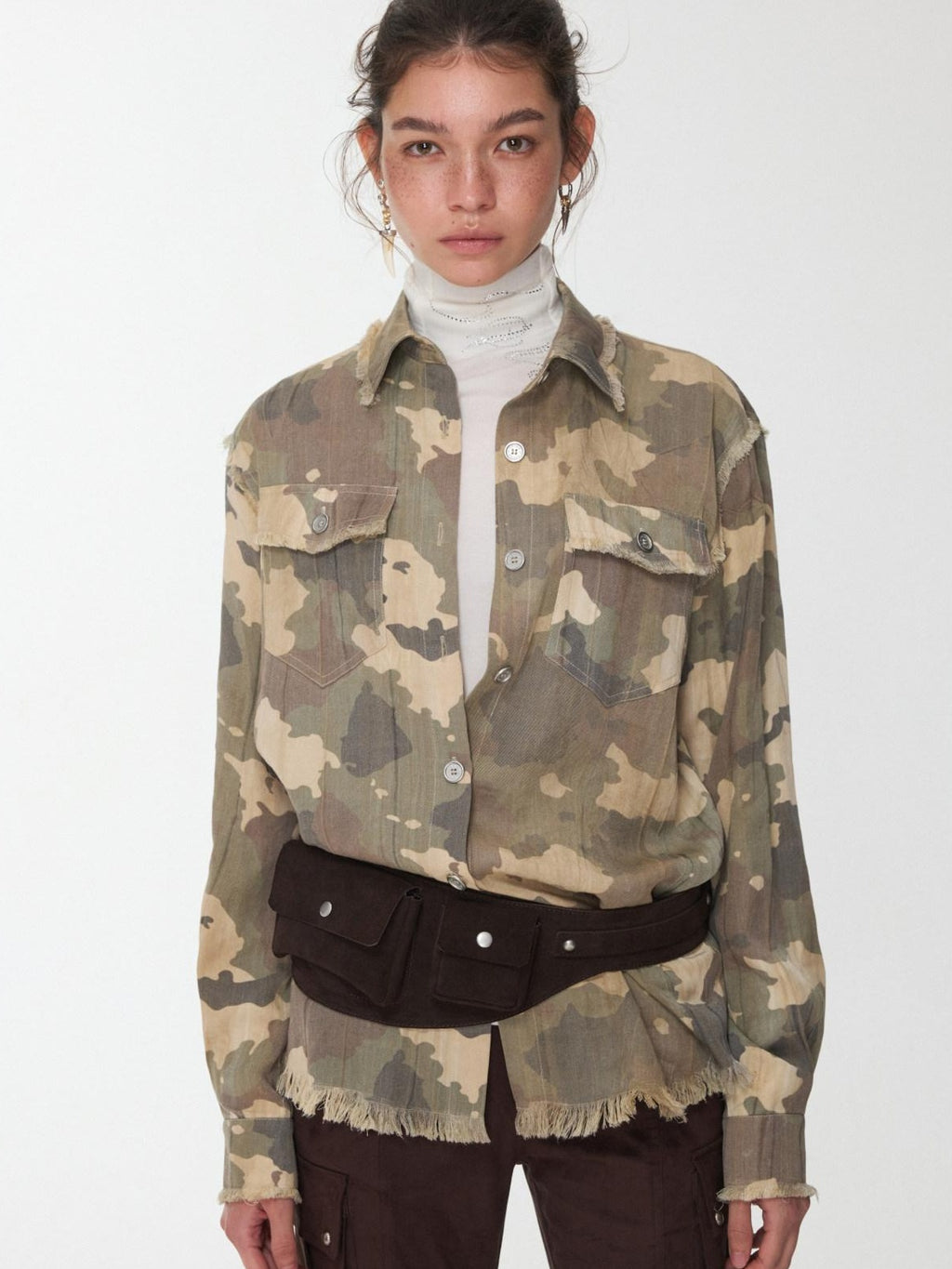 Durable Lyocell Vintage Slim Fit Frayed Cropped Camo High Neck Shirts