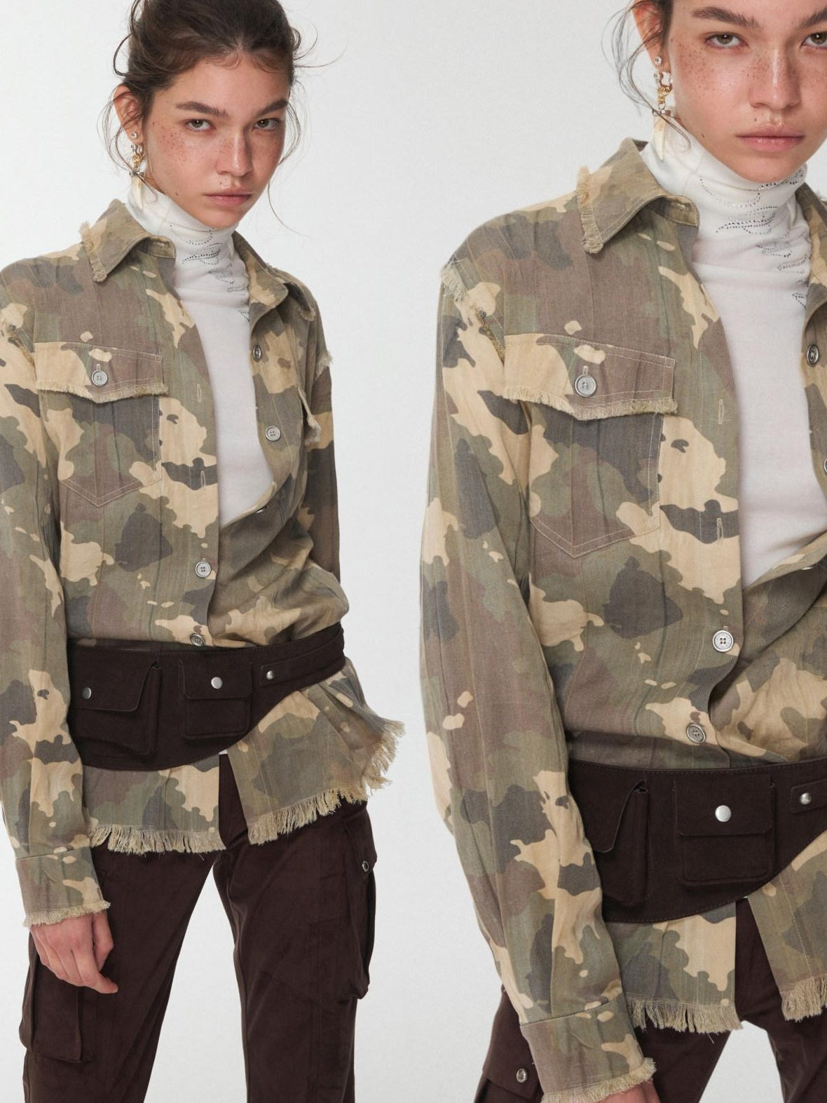 1JINN STUDIO Durable Lyocell Vintage Slim Fit Frayed Cropped Camo High Neck Shirts