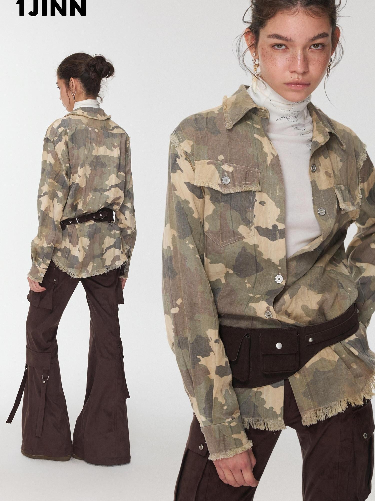 Durable Lyocell Vintage Slim Fit Frayed Cropped Camo High Neck Shirts