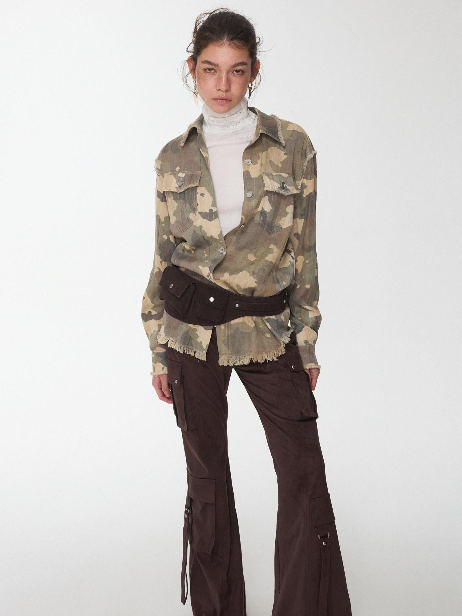 1JINN STUDIO Durable Lyocell Vintage Slim Fit Frayed Cropped Camo High Neck Shirts