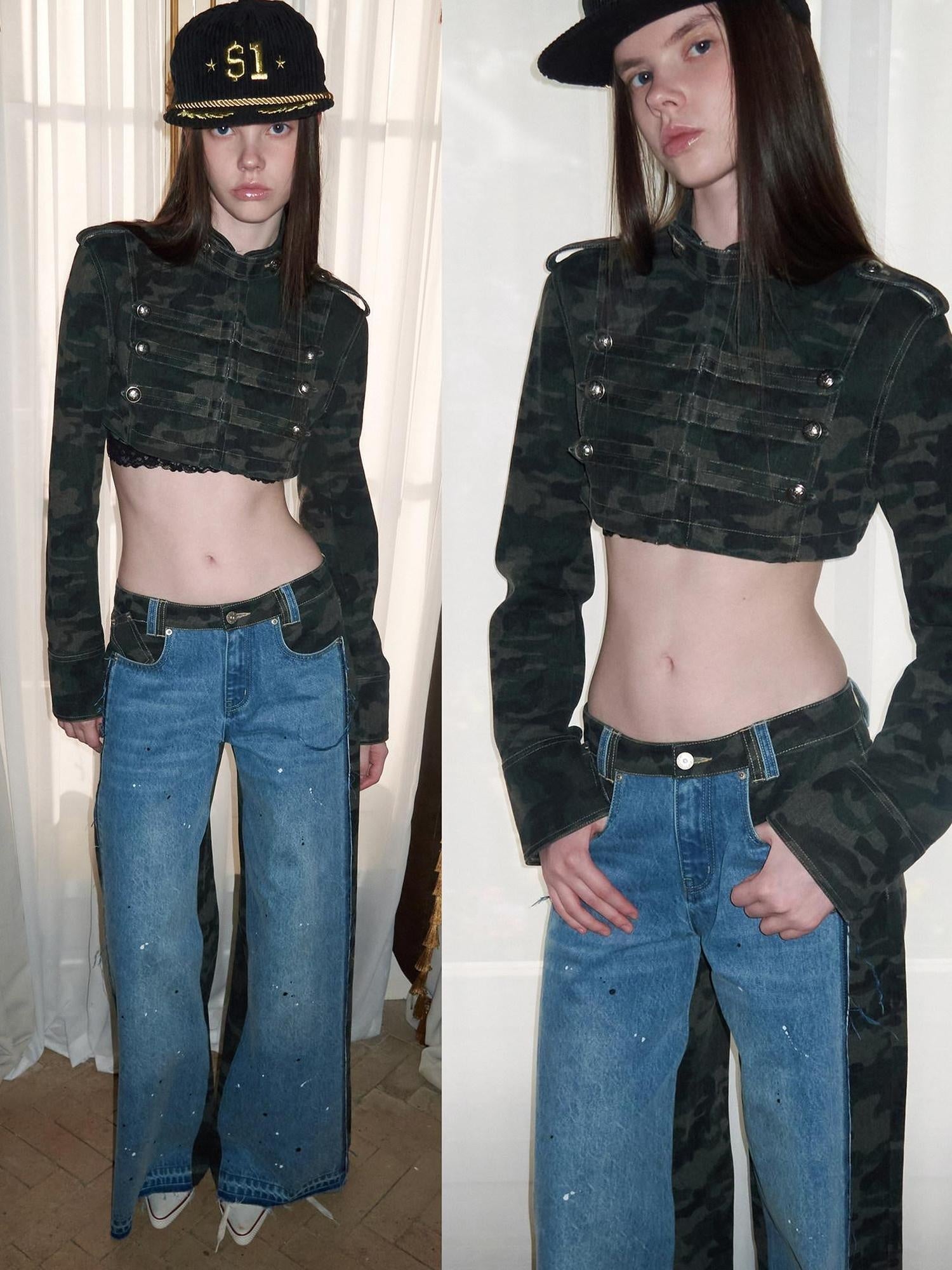 1JINN STUDIO Eco Cotton Blend Regal Double Breasted Womens Camo Cropped Jackets
