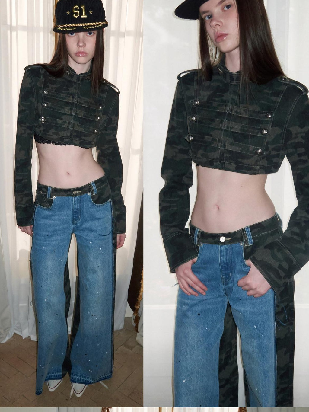 1JINN STUDIO Eco Cotton Blend Regal Double Breasted Womens Camo Cropped Jackets