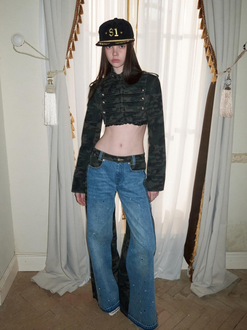 1JINN STUDIO Eco Cotton Blend Regal Double Breasted Womens Camo Cropped Jackets