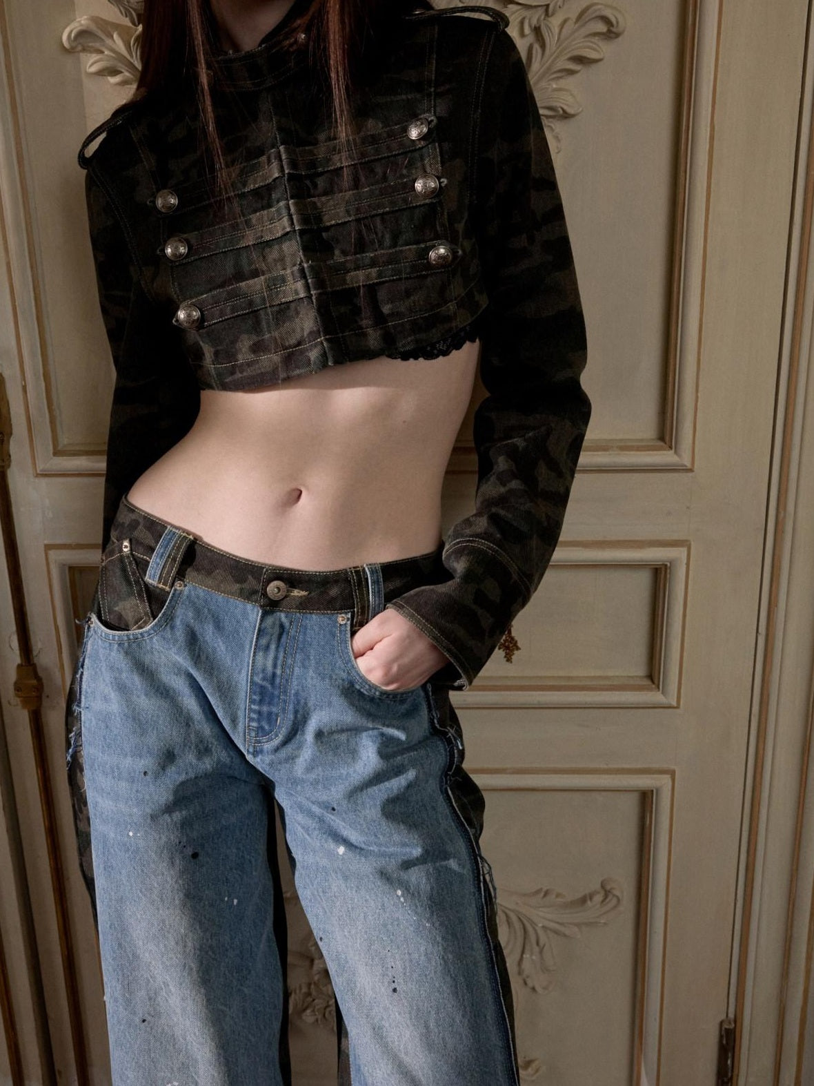1JINN STUDIO Eco Cotton Blend Regal Double Breasted Womens Camo Cropped Jackets