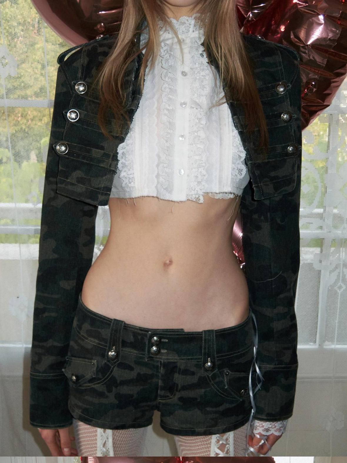 1JINN STUDIO Eco Cotton Blend Regal Double Breasted Womens Camo Cropped Jackets