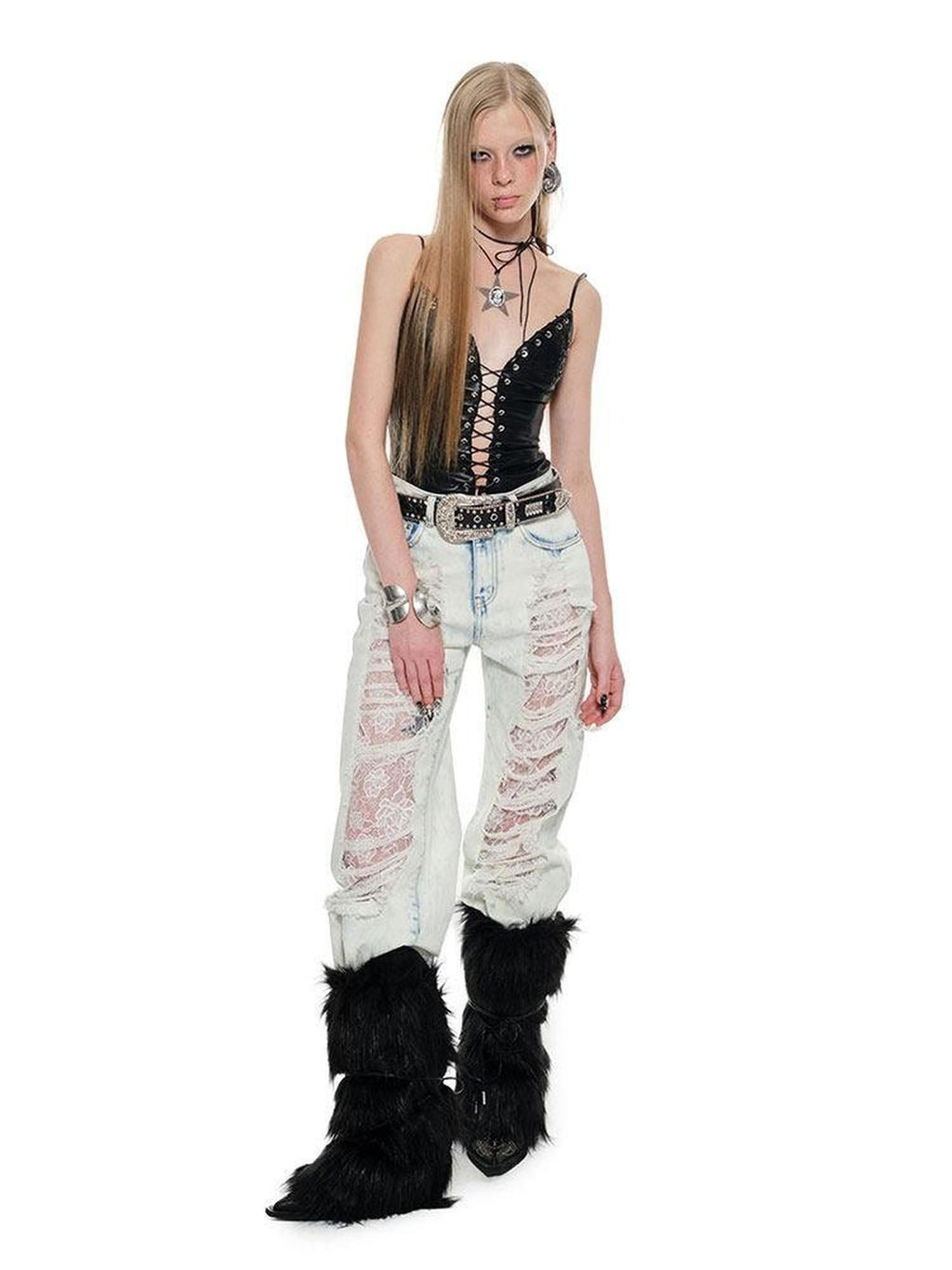 1JINN STUDIO Embroidered Faux Fur French Style Tie Strap Women No Padding Camisoles