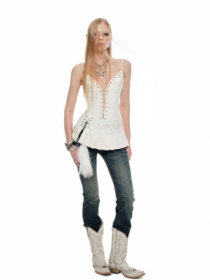 1JINN STUDIO Embroidered Faux Fur French Style Tie Strap Women No Padding Camisoles