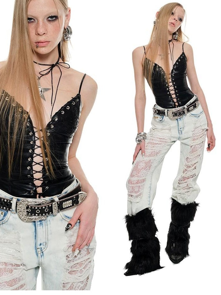 1JINN STUDIO Embroidered Faux Fur French Style Tie Strap Women No Padding Camisoles