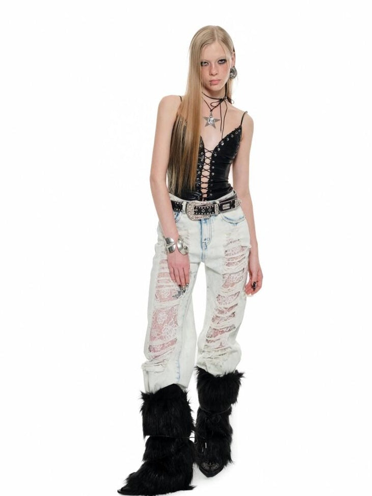 1JINN STUDIO Embroidered Faux Fur French Style Tie Strap Women No Padding Camisoles