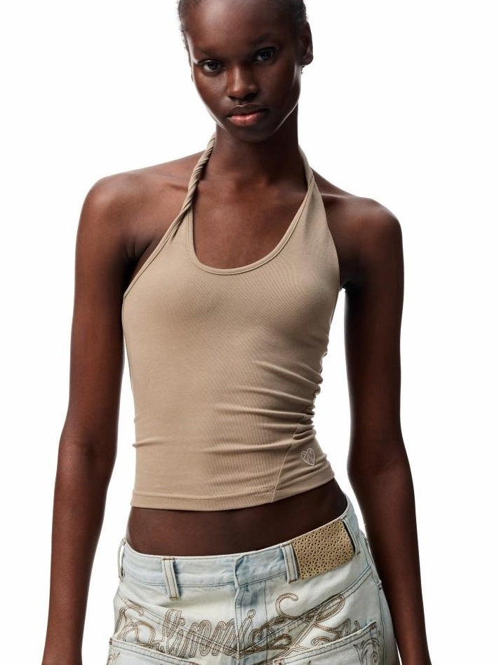 1JINN STUDIO Embroidered Heart Backless Slim Cropped Halter Women Stretch Viscose Camisoles