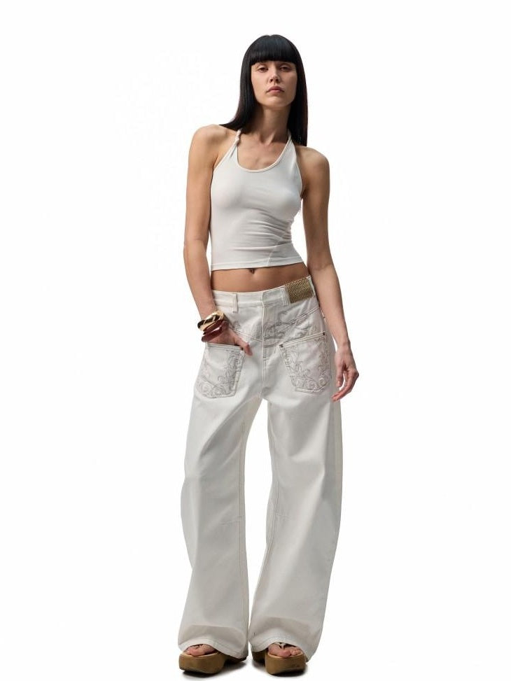 1JINN STUDIO Embroidered Heart Backless Slim Cropped Halter Women Stretch Viscose Camisoles