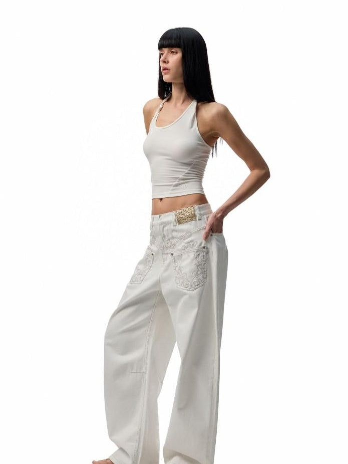 1JINN STUDIO Embroidered Heart Backless Slim Cropped Halter Women Stretch Viscose Camisoles