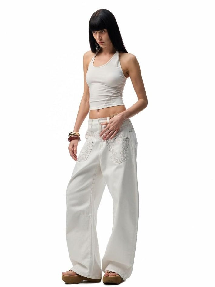 1JINN STUDIO Embroidered Heart Backless Slim Cropped Halter Women Stretch Viscose Camisoles