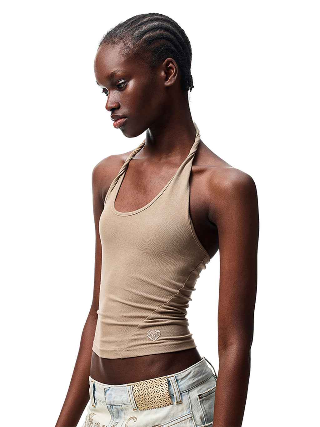 1JINN STUDIO Embroidered Heart Backless Slim Cropped Halter Women Stretch Viscose Camisoles