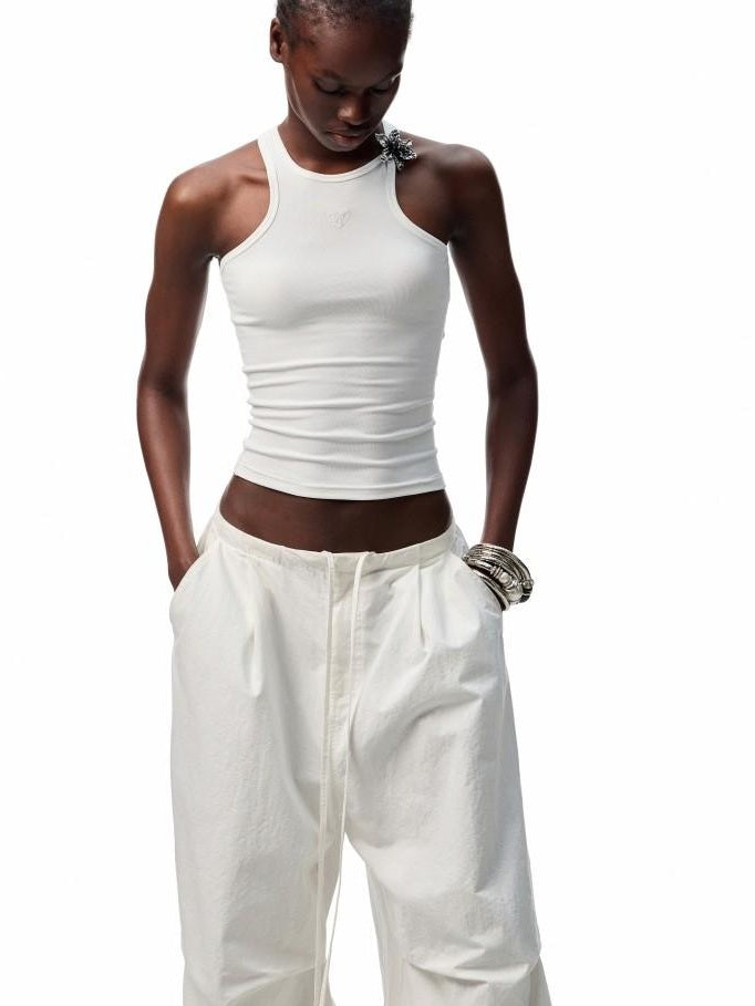 1JINN STUDIO Embroidered Heart Slim Crop Racerback Women Viscose Cotton Blend Tank Tops