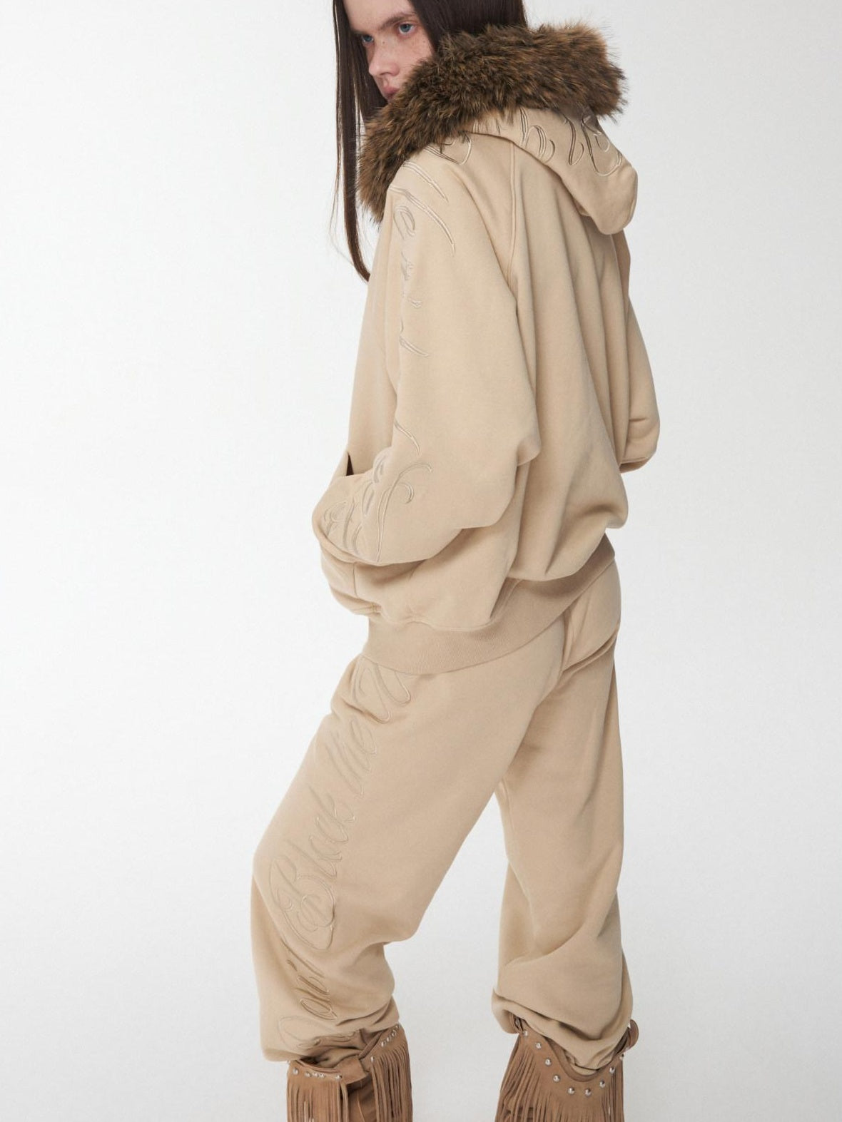 1JINN STUDIO Embroidered Lettering Loose Fit Long Sleeve Women Casual Sweat Top & Pants Sets