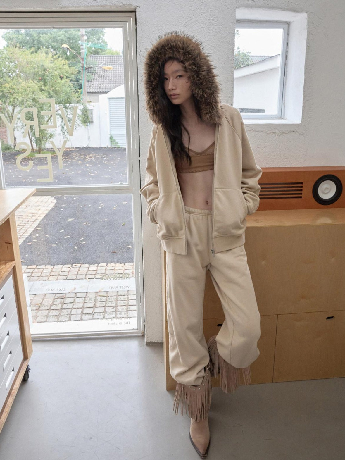 1JINN STUDIO Embroidered Lettering Loose Fit Long Sleeve Women Casual Sweat Top & Pants Sets