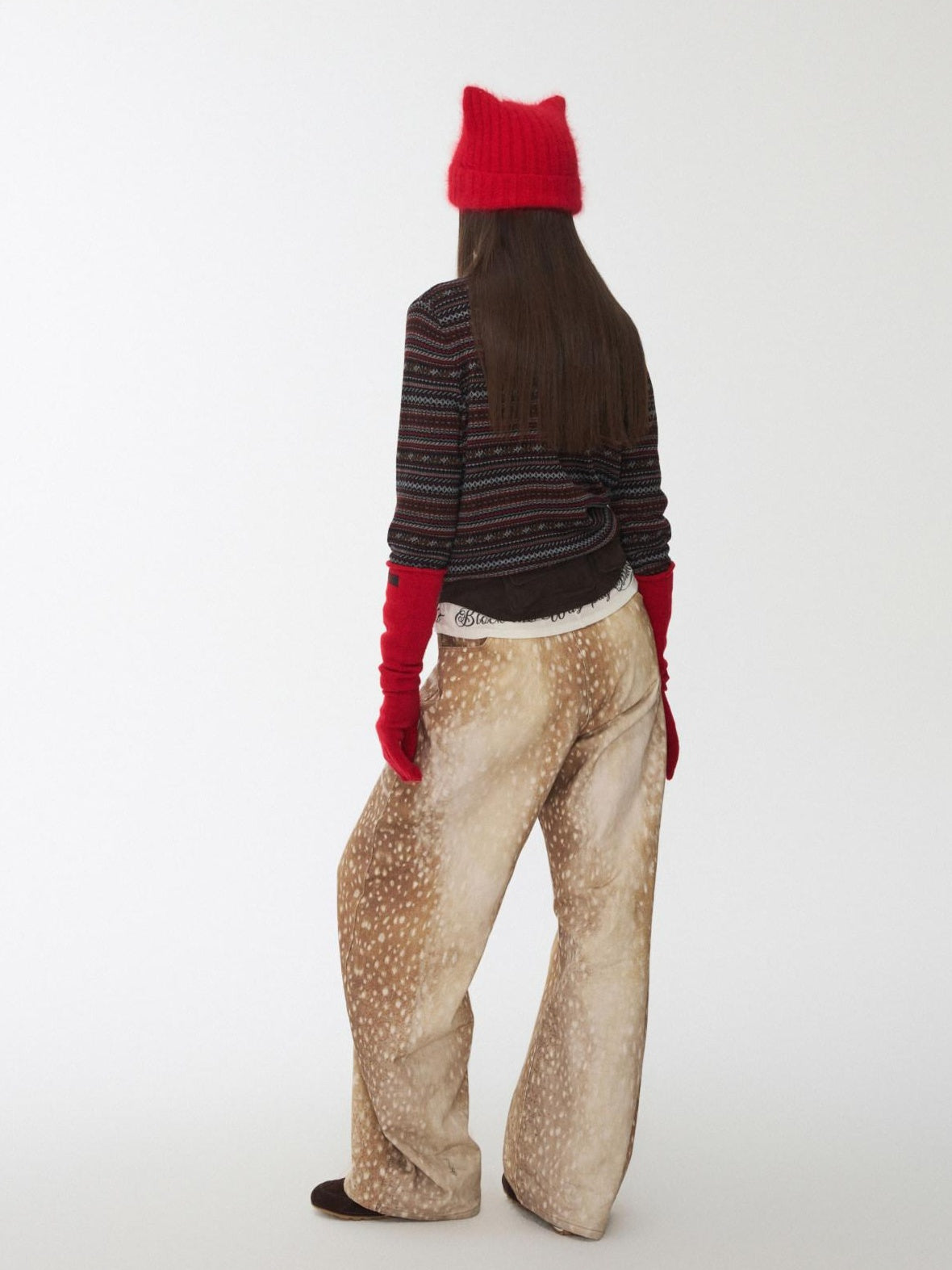 1JINN STUDIO Embroidered Vintage Low Rise Loose Fit Women Deer Print Wide Leg Pants