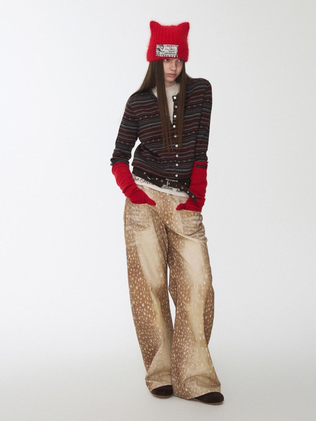 1JINN STUDIO Embroidered Vintage Low Rise Loose Fit Women Deer Print Wide Leg Pants