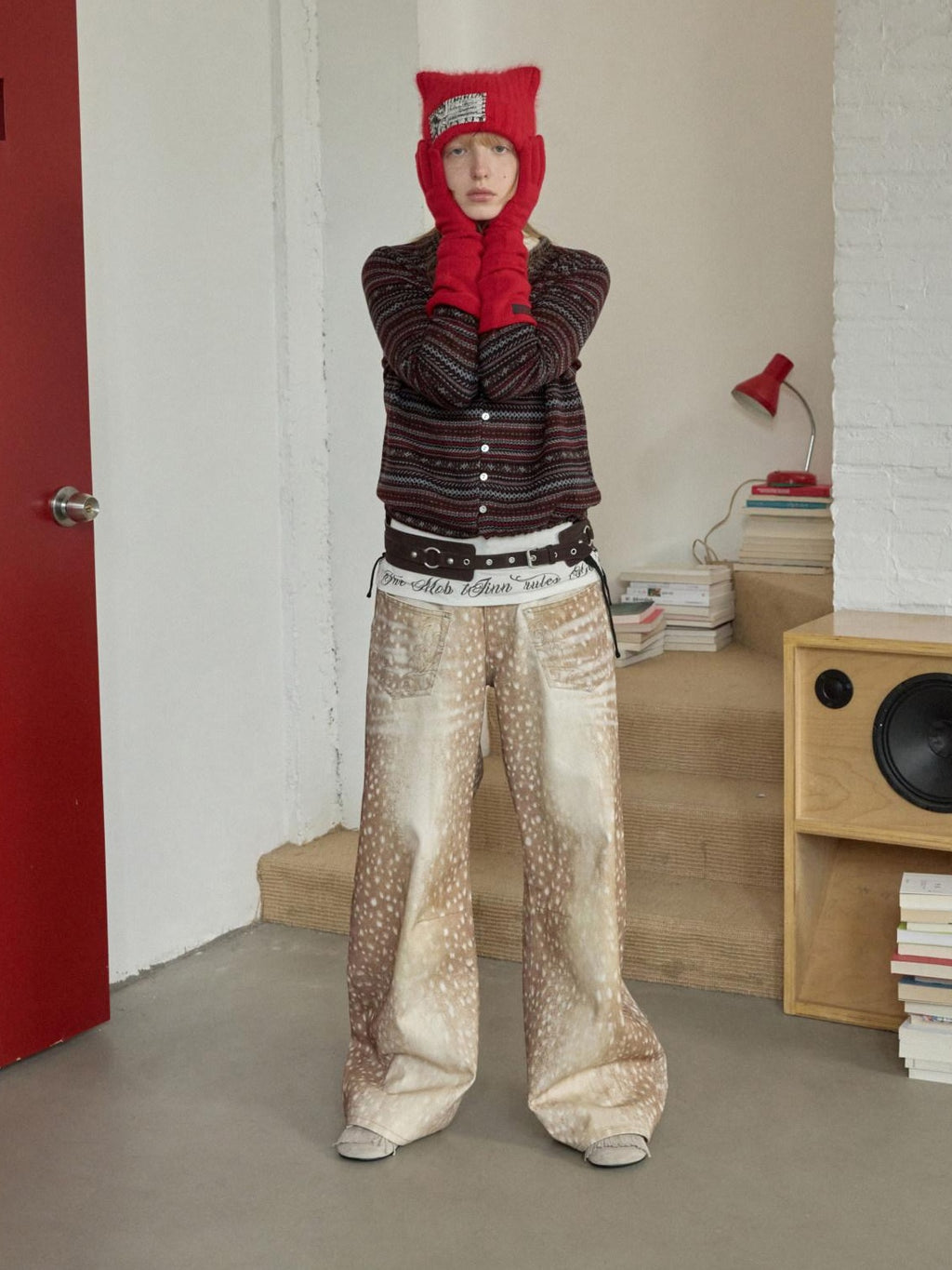 1JINN STUDIO Embroidered Vintage Low Rise Loose Fit Women Deer Print Wide Leg Pants