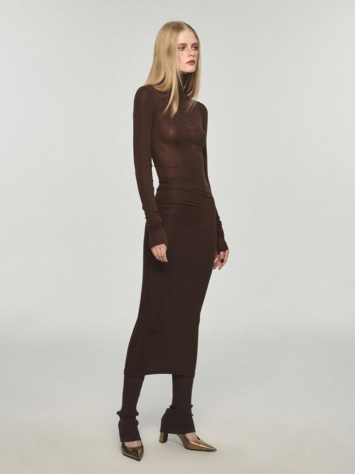 1JINN STUDIO Figure Shaping Viscose Bodycon High Neck Long Sleeve Street Women Midi Dresses