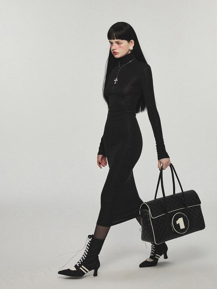 1JINN STUDIO Figure Shaping Viscose Bodycon High Neck Long Sleeve Street Women Midi Dresses