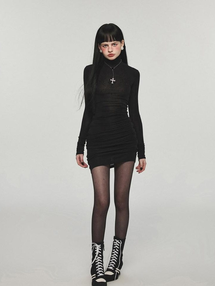 1JINN STUDIO Figure Shaping Viscose Bodycon High Neck Long Sleeve Street Women Midi Dresses