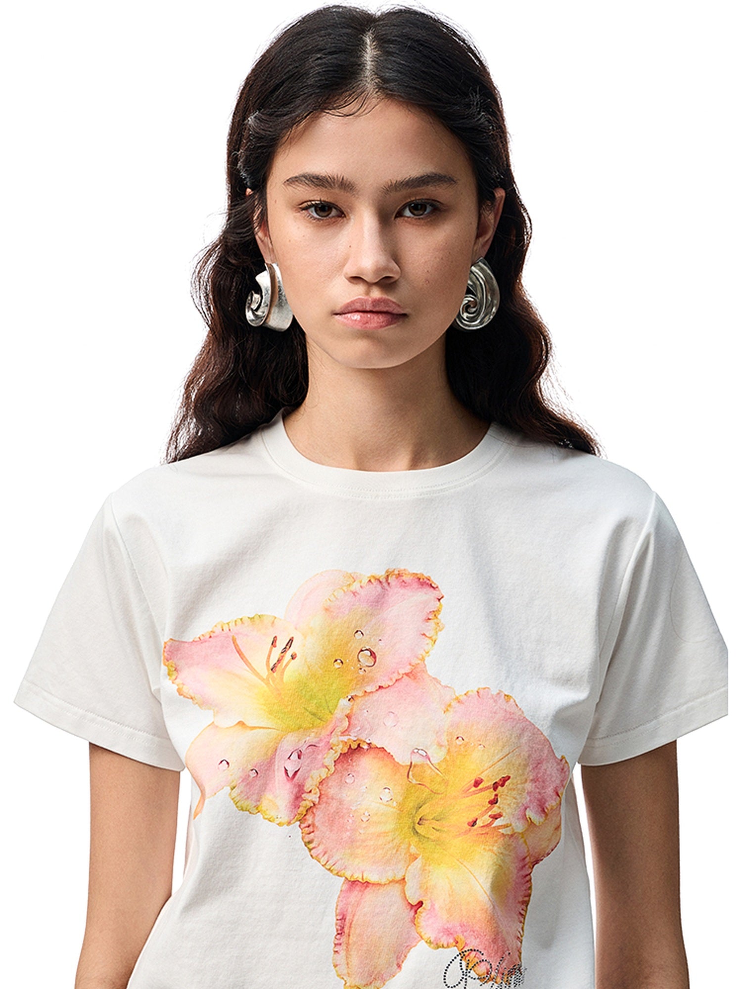1JINN STUDIO Floral Print Cotton Blend Straight Fit Commuter Women Short Sleeve T-Shirts