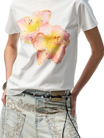 1JINN STUDIO Floral Print Cotton Blend Straight Fit Commuter Women Short Sleeve T-Shirts