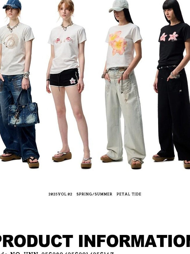 1JINN STUDIO Floral Print Cotton Blend Straight Fit Commuter Women Short Sleeve T-Shirts
