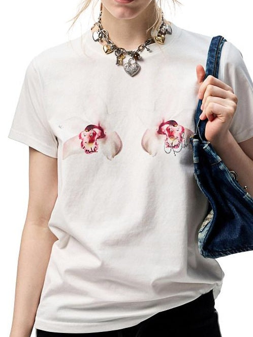 1JINN STUDIO Floral Print Cotton Blend Straight Fit Commuter Women Short Sleeve T-Shirts