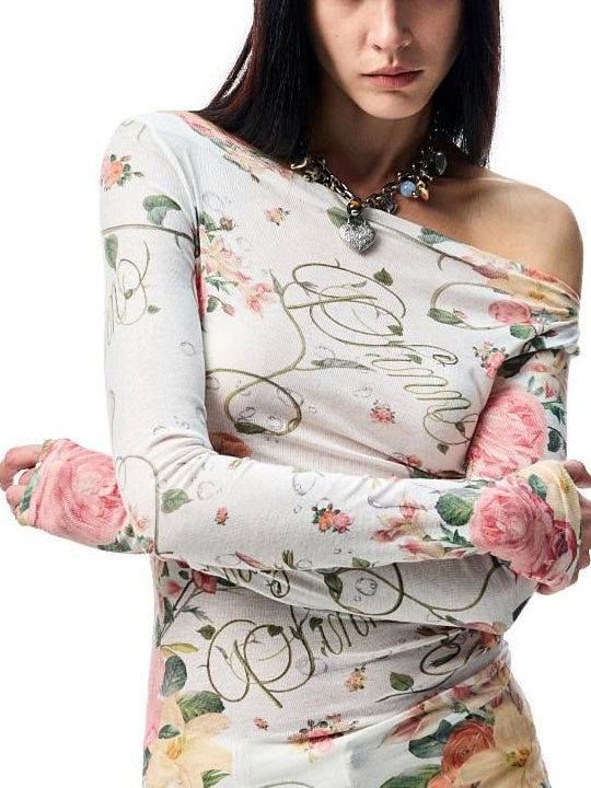 1JINN STUDIO Floral Semi Sheer Slim Fit Commuter Round Neck Poly Viscose Long Sleeve T-Shirts