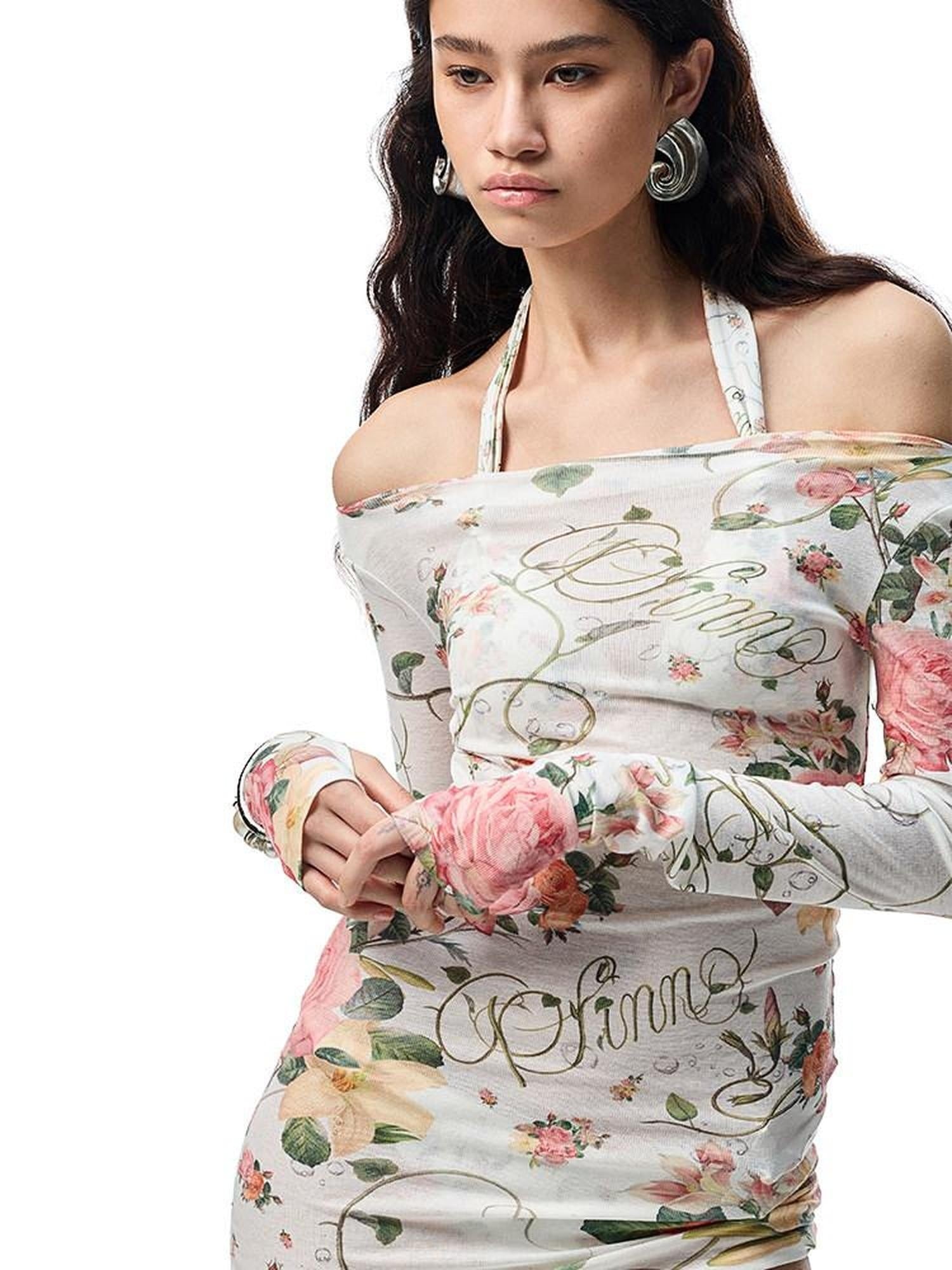 1JINN STUDIO Floral Semi Sheer Slim Fit Commuter Round Neck Poly Viscose Long Sleeve T-Shirts