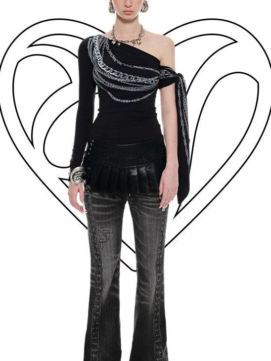 1JINN STUDIO Fringe Office Loose Oblique Neck Womens Printed Nylon Long Sleeve T-Shirts