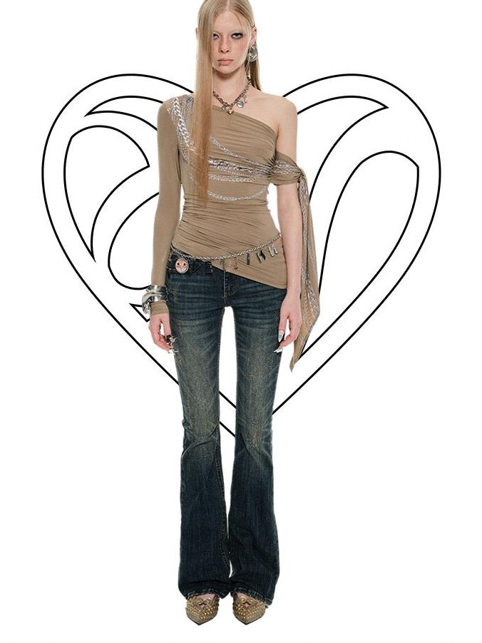 1JINN STUDIO Fringe Office Loose Oblique Neck Womens Printed Nylon Long Sleeve T-Shirts