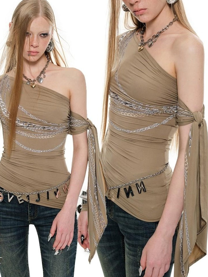 1JINN STUDIO Fringe Office Loose Oblique Neck Womens Printed Nylon Long Sleeve T-Shirts