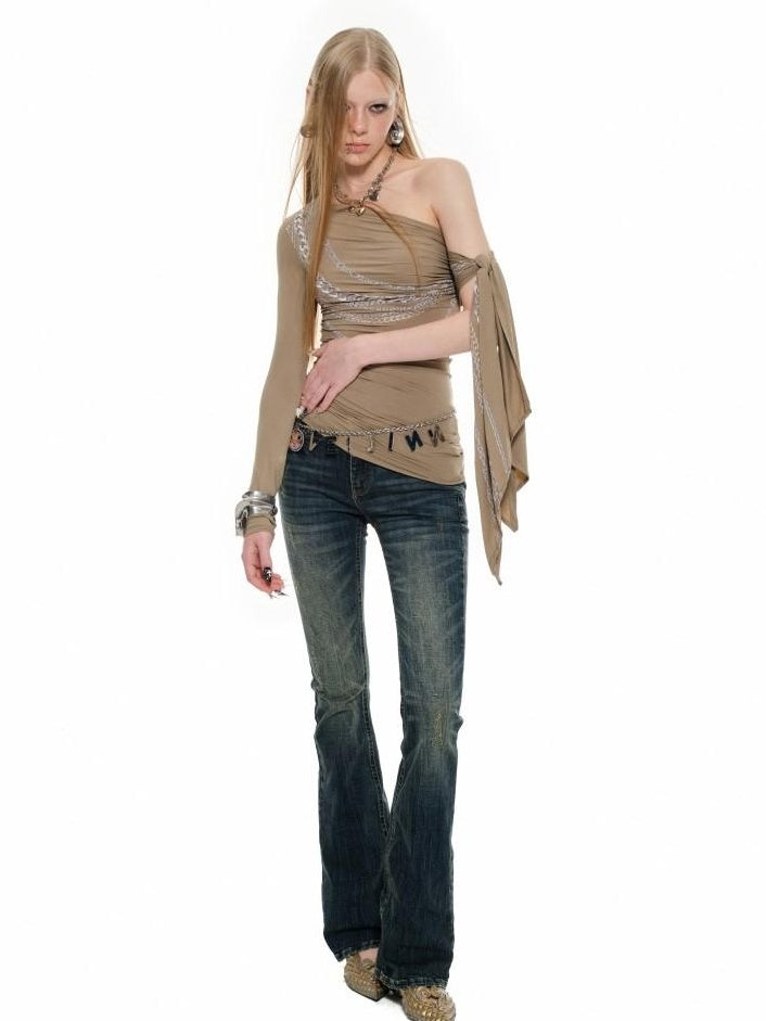 1JINN STUDIO Fringe Office Loose Oblique Neck Womens Printed Nylon Long Sleeve T-Shirts