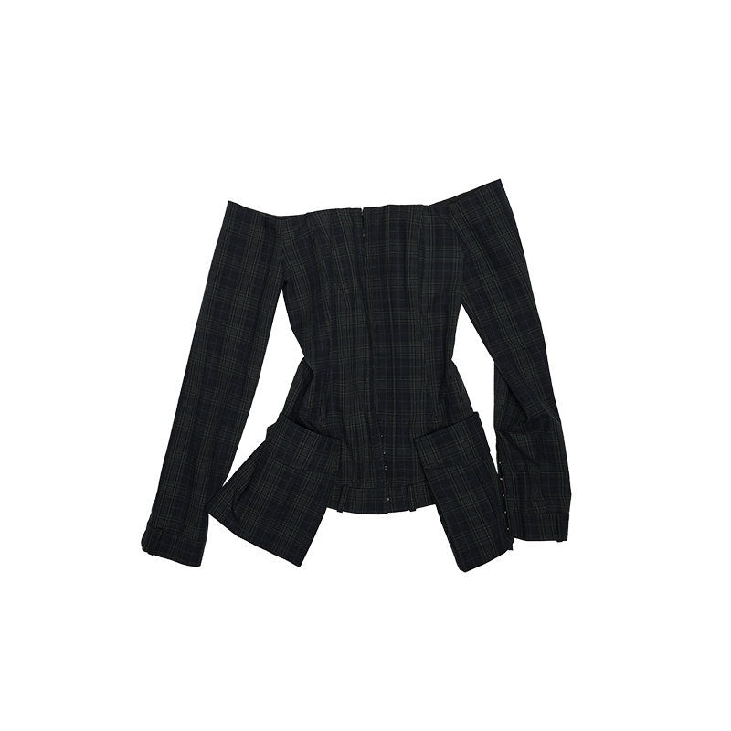 1JINN_STUDIO_Green_Plaid_Slim_Fit_One_Shoulder_Long_Sleeve_Street_Off_Shoulder_Crop_Tops_MISSTT