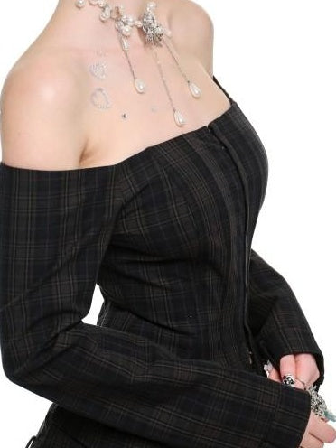 1JINN STUDIO Green Plaid Slim Fit One Shoulder Long Sleeve Street Off Shoulder Crop Tops
