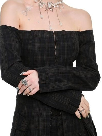 1JINN STUDIO Green Plaid Slim Fit One Shoulder Long Sleeve Street Off Shoulder Crop Tops