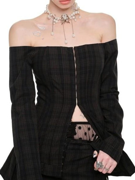 1JINN STUDIO Green Plaid Slim Fit One Shoulder Long Sleeve Street Off Shoulder Crop Tops