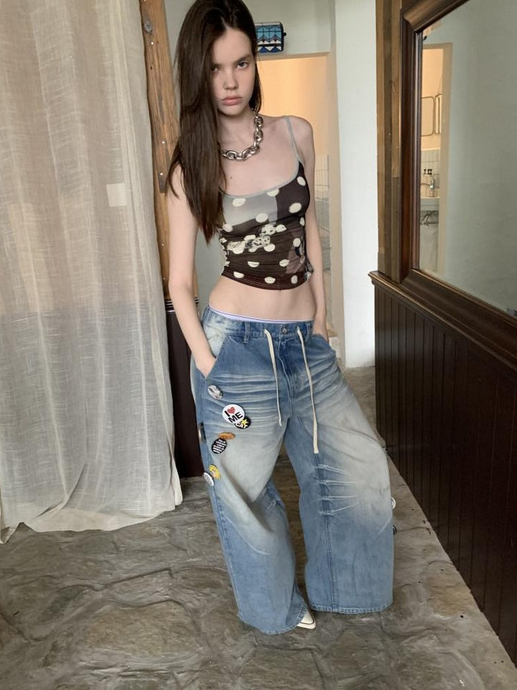 1JINN STUDIO Hand Dyed Vintage Washed Low Rise Loose Casual Cotton Washed Blue Wide Leg Jeans