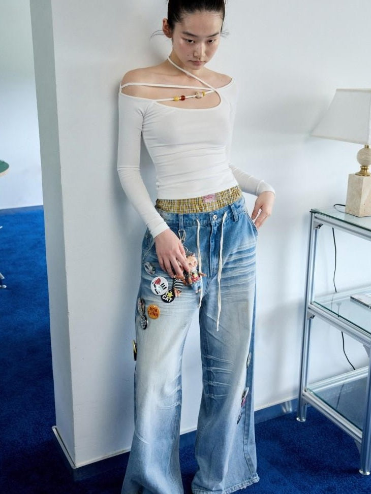1JINN STUDIO Hand Dyed Vintage Washed Low Rise Loose Casual Cotton Washed Blue Wide Leg Jeans