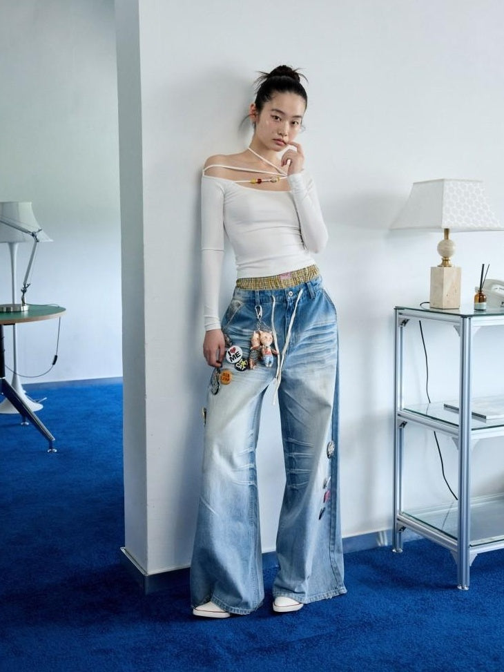 1JINN STUDIO Hand Dyed Vintage Washed Low Rise Loose Casual Cotton Washed Blue Wide Leg Jeans